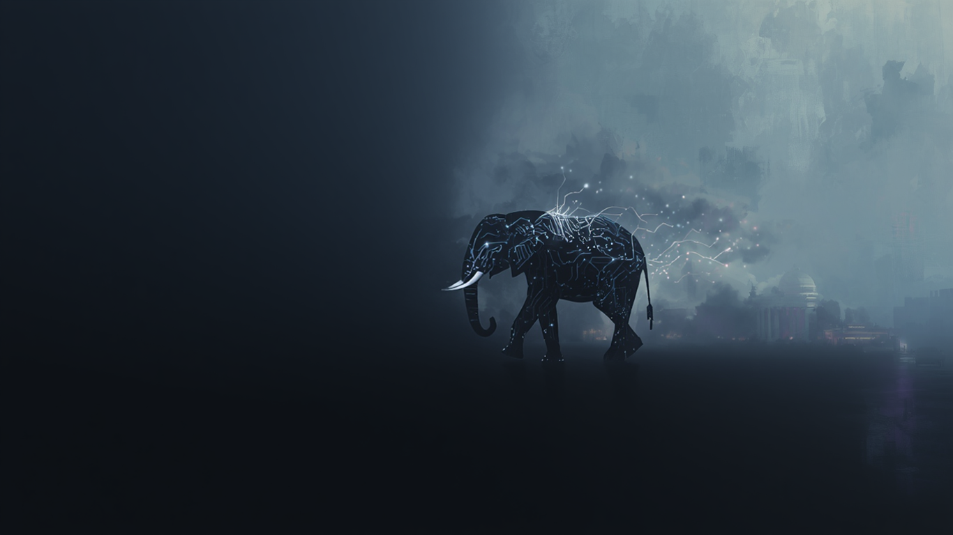 Ndovu circuit elephant over a critical-infrastructure skyline